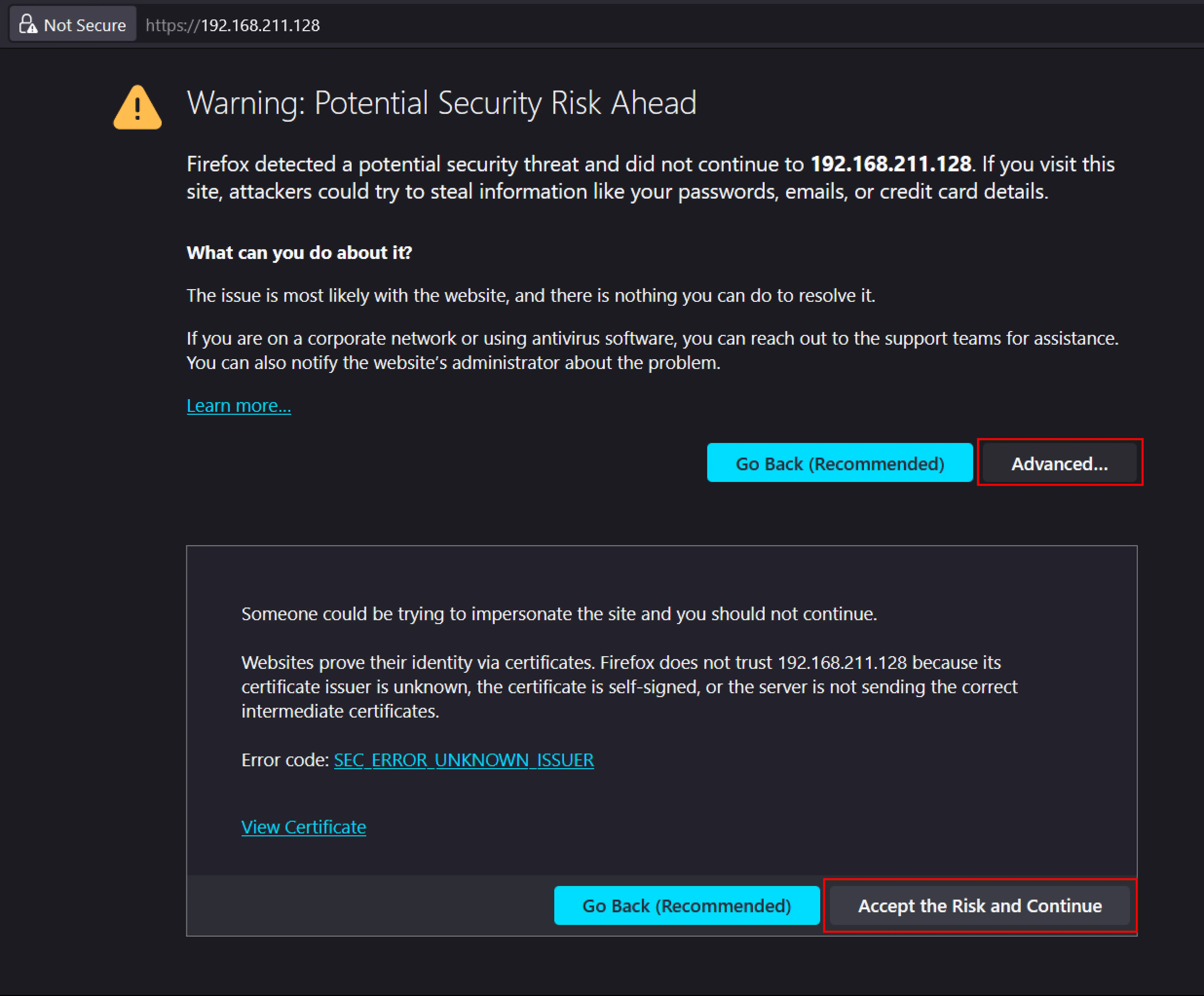 Click Advanced... and click Accept the Risk and Continue