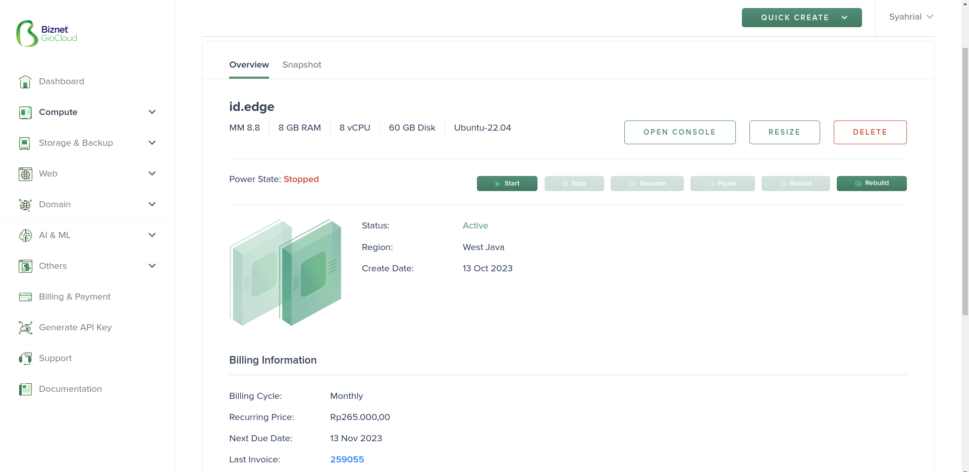 Biznet Giocloud Console