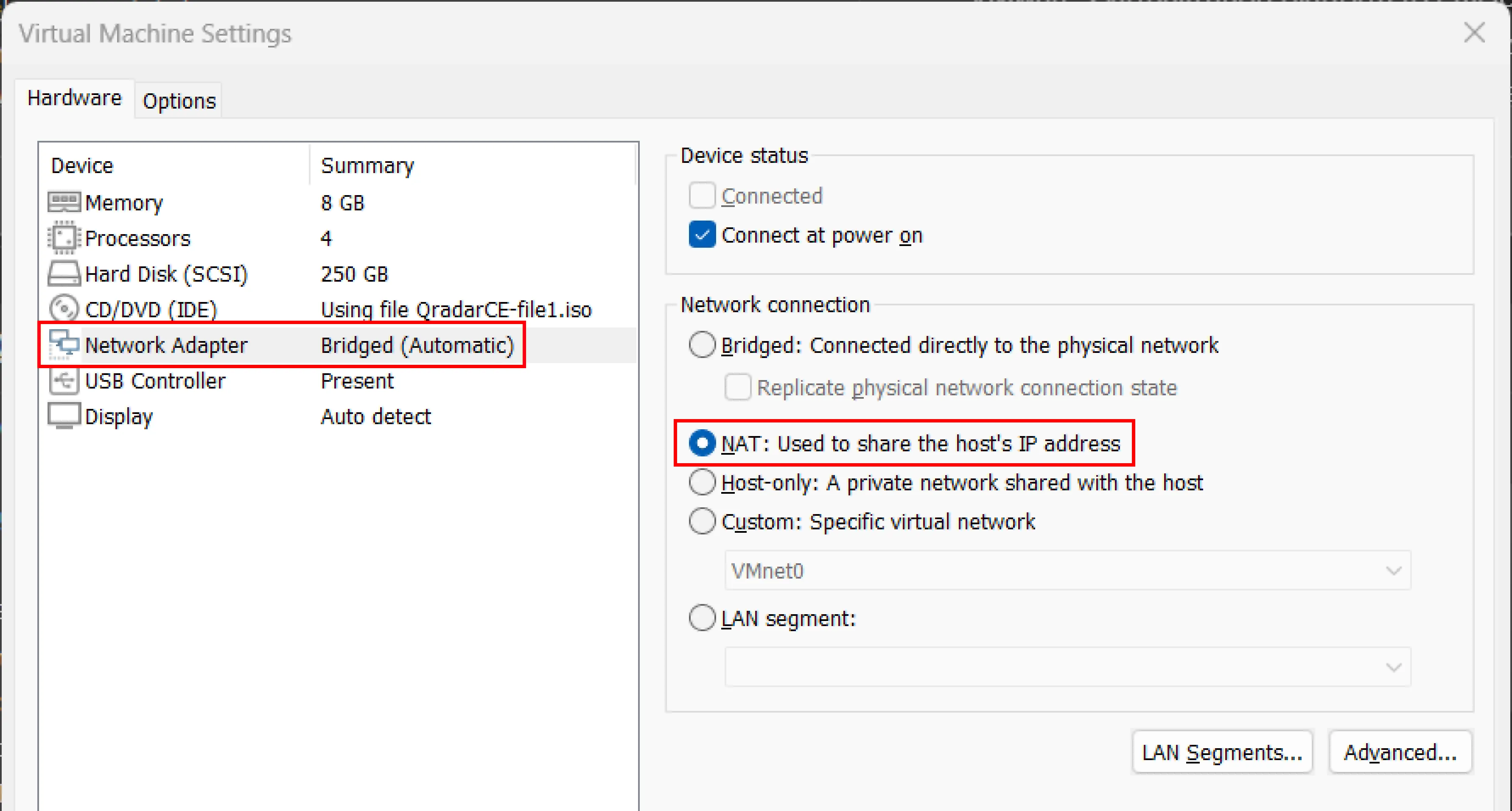 Set the Network Adapter from Bridged to NAT