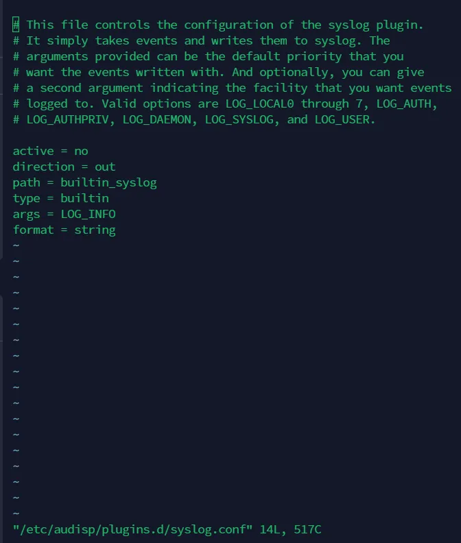 vi /etc/audisp/plugins.d/syslog.conf